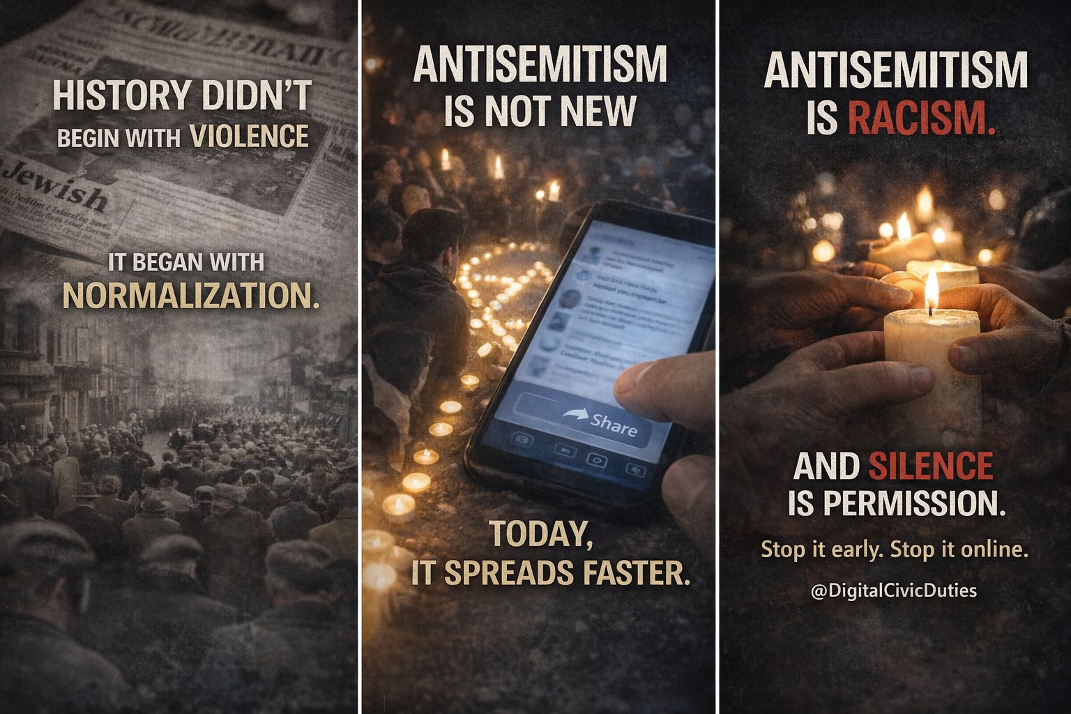 History didn't begin with violence, it began with normalization. Antisemitism is not new - today it spreads faster. Antisemitism is racism, and silence is permission. Stop it early. Stop it online.